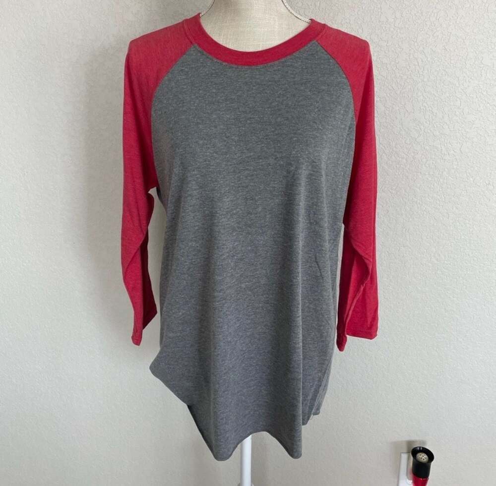 Next Level Apparel Grey and Red Raglan Baseball Tee